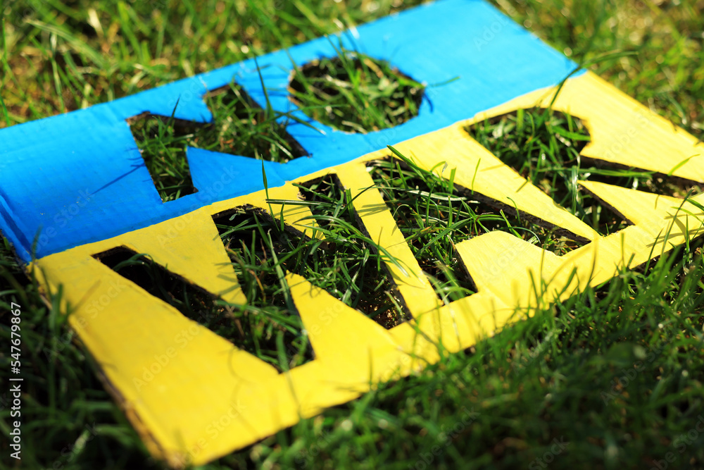 Poster in colors of Ukrainian flag with words No War on green grass, closeup