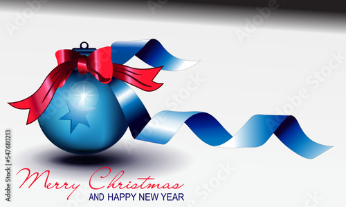 Blue Christmas balls with ribbon bow Isolated on white background