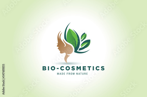Female Face On Green Leaves And Lily Flower Background. Vector Logo, Label, Emblem Design Elements. Women's Profile And Tulip Flower. Concept For Beauty Salon, Massage, Cosmetic And