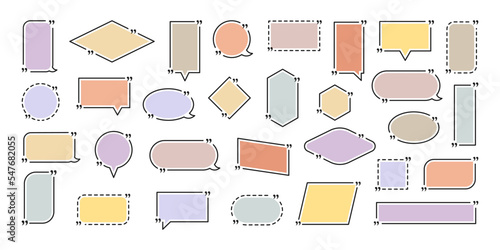 Quote box frame, big set. Speech bubbles with quotation marks. Blank template quote text info design boxes quotation bubble blog quotes symbols. Text boxes. Vector illustration.