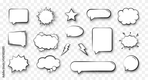 Set of empty comic speech bubbles different shapes. Collection of blank comic speech bubbles on transparent background. Vintage design, pop art style. Vector illustration