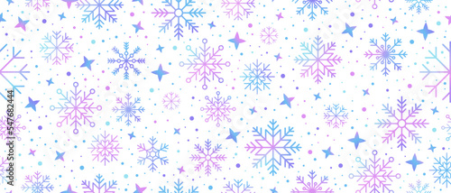 Abstract snowflake seamless border. Snowflakes seamless pattern. Snowfall repeat backdrop. Winter holidays theme. Seamless background with snowflakes. Vector illustration