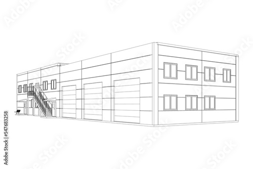 Vector wireframe perspective of Сar service exterior. 3D vector model of building isolated on white background.