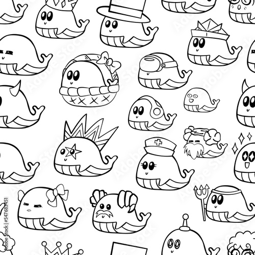 Cartoon Little Whale Black Line on white background Seamless Pattern. Abstract art print. Design for paper  covers  cards  fabrics  interior items and any. Vector illustration about animal.