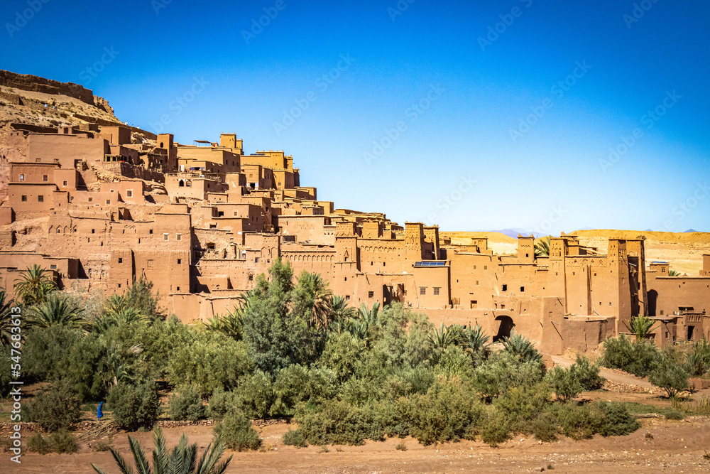ait-ben-haddou, oasis, high atlas mountains, morocco, north africa, ait ben haddou, kasbah, adobe, sunset