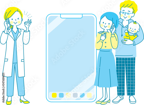 スマホで電話相談する赤ちゃんを抱っこした家族と相談に応える医師