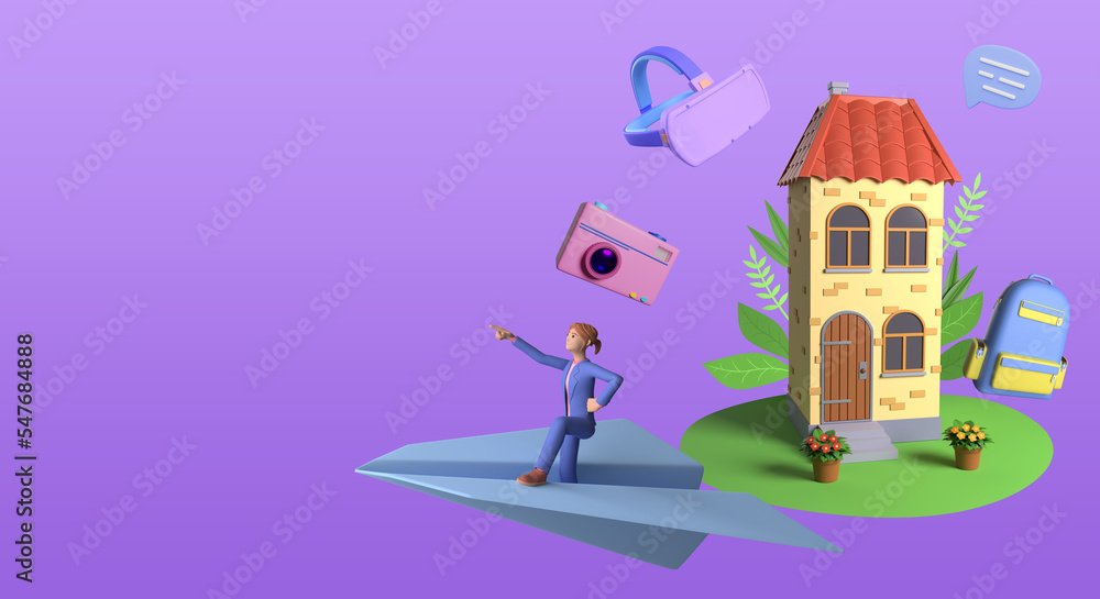 Concept of e-learning, online education at home. Web banner with place for text. 3d illustration Concept of e-learning, online education at home. Web banner with place for text. 3d illustration