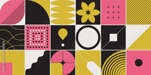 Abstract geometric pattern. Trendy and modern banner. Basic geometric shapes. Graphic design for web, cover or poster. Vector illustration. Neo geo art background.