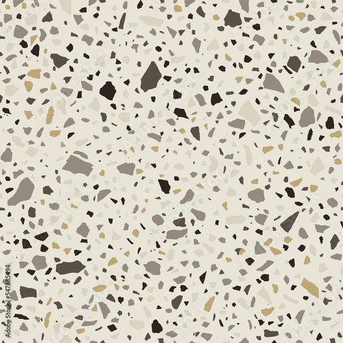Terrazzo flooring, abstract seamless stone background. Modern natural mosaic flooring with random pattern. Small multi-colored stones laid in tiles. Terrazzo style for interior design. Vector texture.