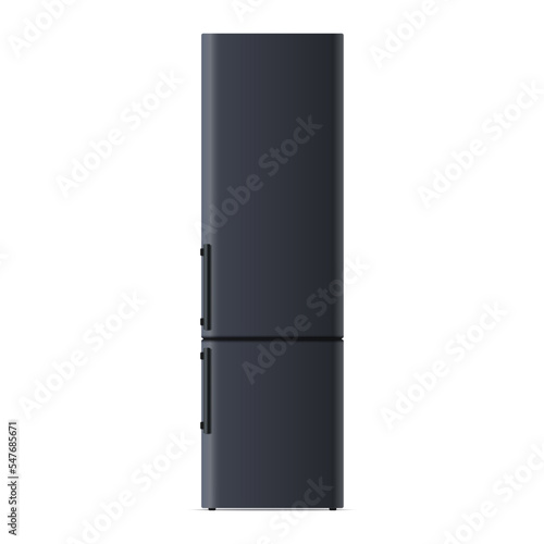 Realistic modern fridge with shadow. Front view of dark blue freezer with closed doors. Two vertical compartments of refrigerator with handles. Template for home or restaurant interior. 3d vector