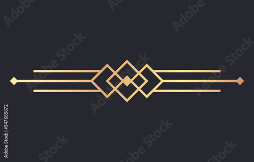 Golden art deco divider header icon on dark background. Vintage 1920s elegant frame, nouveau style header. Gold retro border decorative ornament. Luxury page decoration sign. Vector illustration