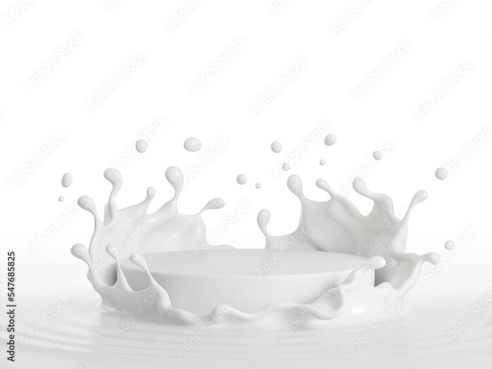 Milk splash with white podium, mockup background for milk product display, 3d rendering. - obrazy, fototapety, plakaty 