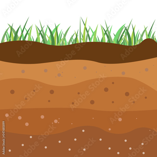Underground soil layers, green grass surface.Brown clay structure, topsoil field environment and nature geology illustration. Soil layers