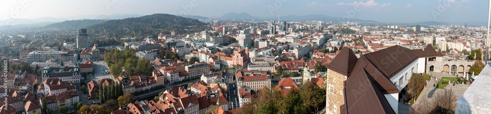 Aerial view over downtown Ljubljana, university and Ursuline church at the right, capital city of Slovenia