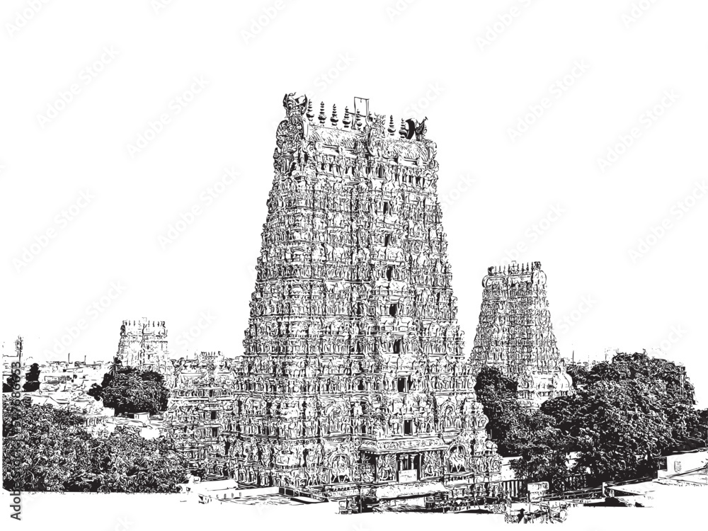 Valokuva Madurai Meenakshi Amman Temple South India Vector Hand Drawing 