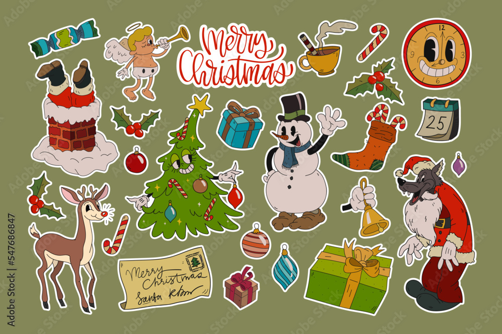 Collection of Christmas stickers elements in retro cartoon style. Colorful vector winter holiday illustrations - obrazy, fototapety, plakaty 