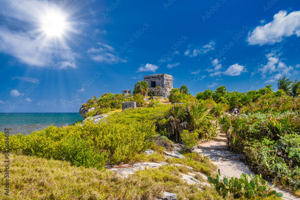 Structure 45, offertories on the hill near the beach, Mayan Ruins in Tulum, Riviera Maya, Yucatan, Caribbean Sea, Mexico