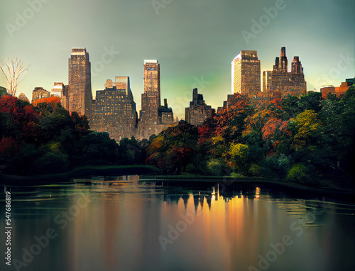 Central Newerk Park in the summer. Water, trees, and skyscrapers. © Ivan