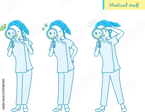虫眼鏡から覗く女性看護医師のベクターイラスト素材