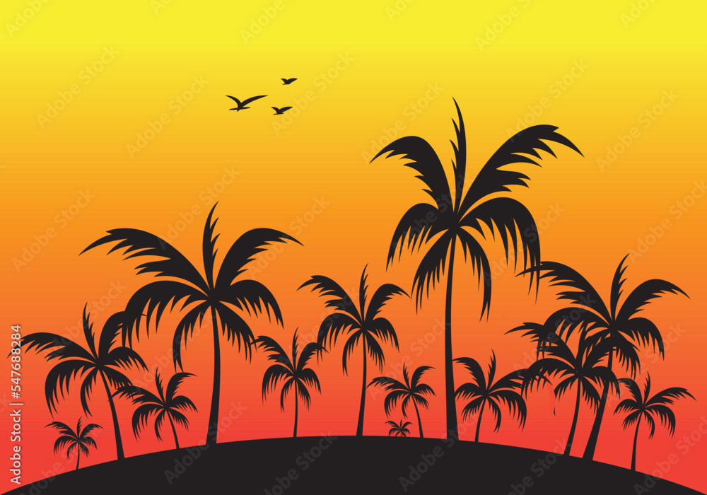 Sunset and the palm trees. Orange sunset. Silhouette of palm trees vector, nature background.
