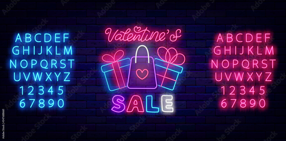 © Anastasia Gapeeva - Valentines Sale neon label. February special offer. Holiday marketing. Glowing pink and blue font. Vector illustration © Anastasia Gapeeva - Valentines Sale neon label. February special offer. Holiday marketing. Glowing pink and blue font. Vector illustration