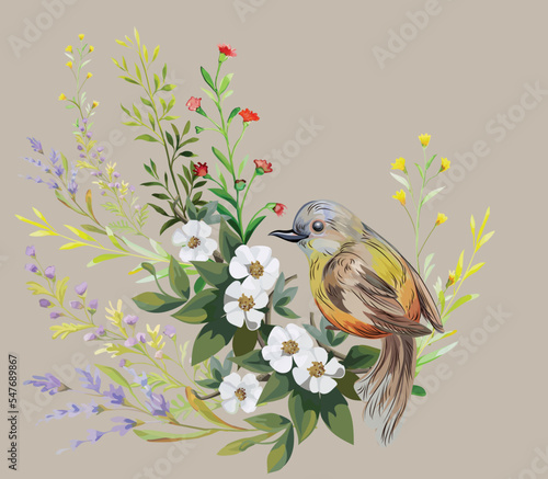 Bird on white flower branch with wild flowers template