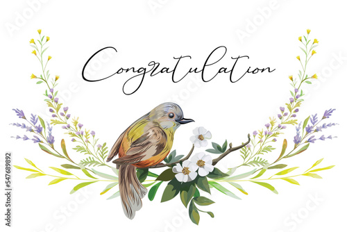 Bird on white flower branch with wild flowers template