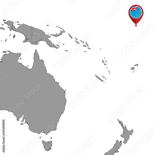 Pin map with Tuvalu flag on world map. Vector illustration.