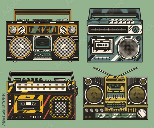 Tape recorders set vintage colorful
