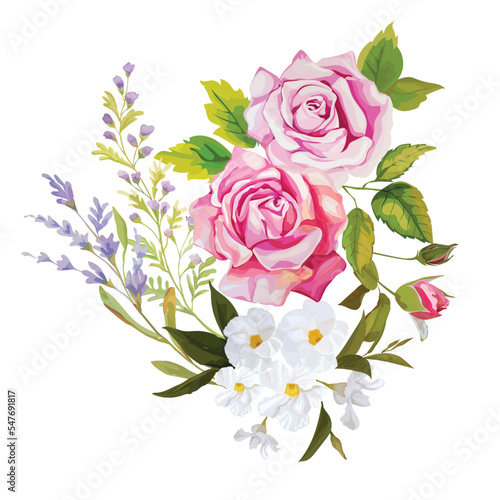 Rose and wild flowers bouquet isolated on white background