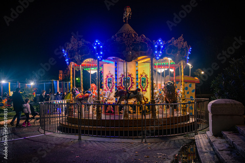 CORFU, GREECE - December 10, 2021: photo of illuminated festive view in corfu town and Christmas fair and market,Greece.