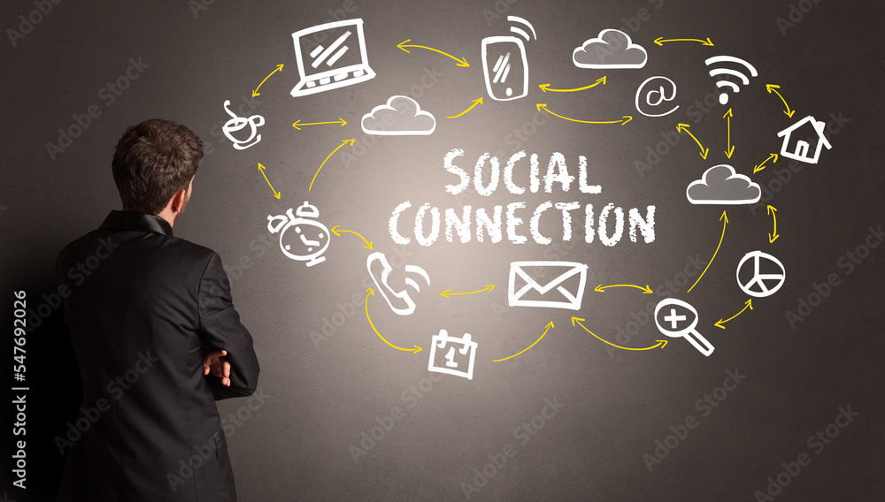 businessman drawing social media icons businessman drawing social media icons