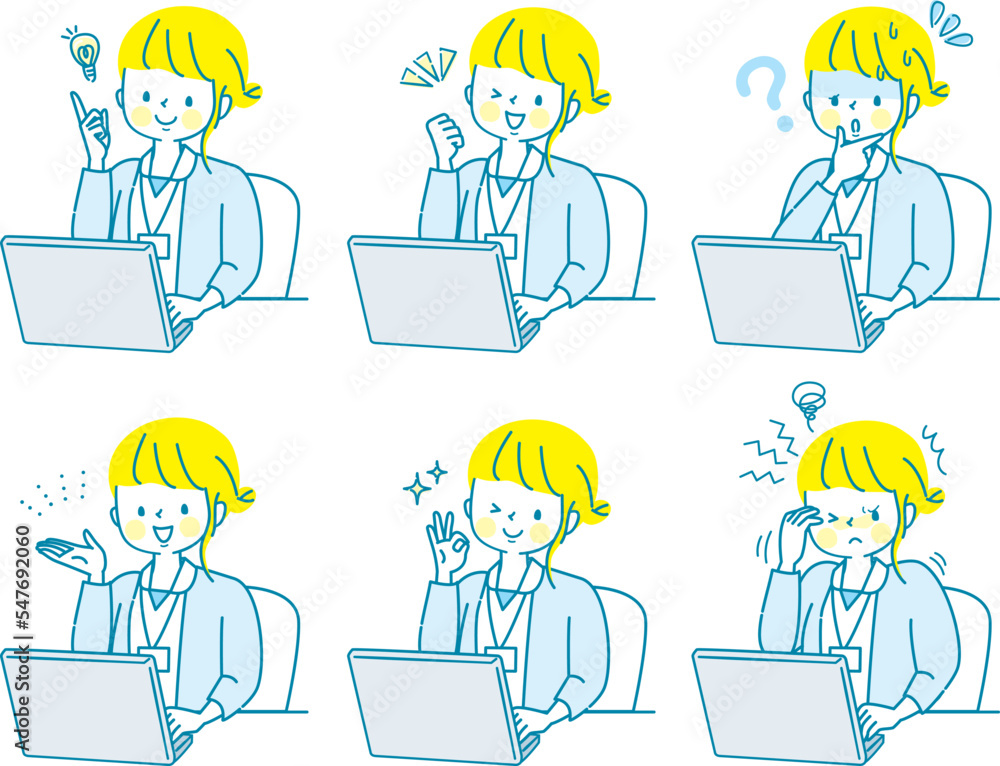 PC作業する若い女性看護師の表情イラストセット PC作業する若い女性看護師の表情イラストセット