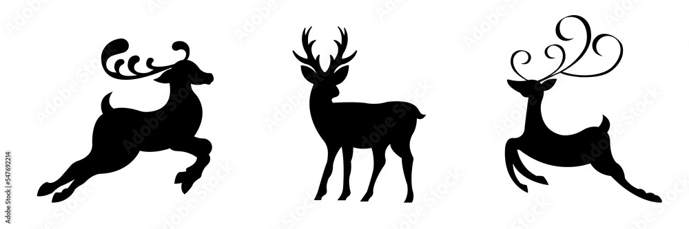 Obraz premium Isolated on a white background, a collection of reindeer christmas vector silhouettes