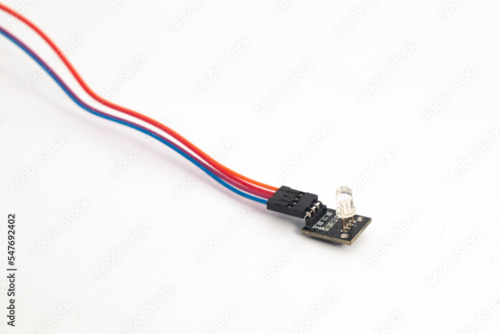Selective focus an RGB LED module with its wired diagonally. This module is used for electronics hobbyists for DIY materials. Selective focus an RGB LED module with its wired diagonally. This module is used for electronics hobbyists for DIY materials.