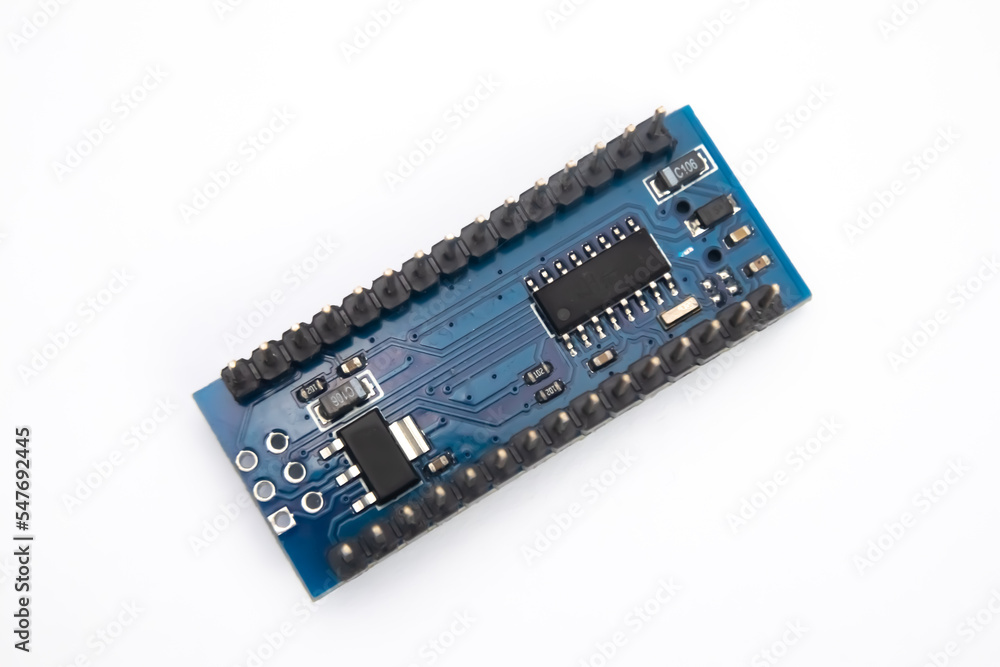 Bottom view of a developing board microcontroller module. This part is used for hobbyists to DIY electronic materials. Bottom view of a developing board microcontroller module. This part is used for hobbyists to DIY electronic materials.