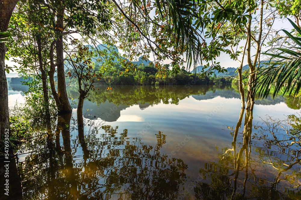 Fototapeta premium Blurred panoramic nature background on the large lake, reflected by the water of trees, the atmosphere is surrounded by big mountains