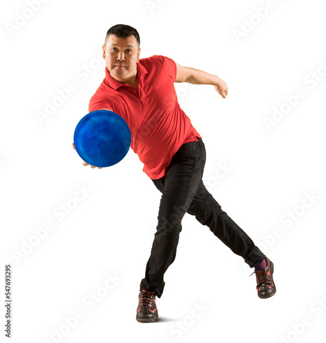 Professional bowling player in action. Isolated