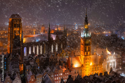 Night scenery of the Main Town of Gdansk during snowfall, Poland