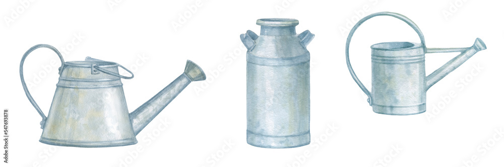 Watercolor illustration, set of galvanized steel garden watering cans. Watering containers hand drawn isolated on white background. Watercolor illustration, set of galvanized steel garden watering cans. Watering containers hand drawn isolated on white background.