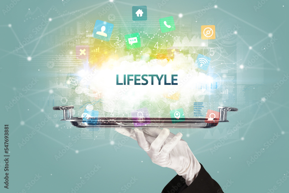 Waiter serving social networking concept Waiter serving social networking concept