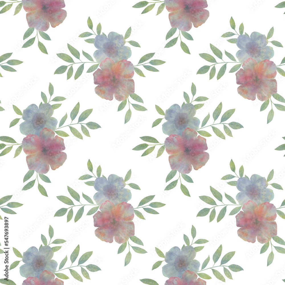 Watercolor bouquet, seamless botanical pattern. Flowers and leaves collected in a seamless pattern for design.