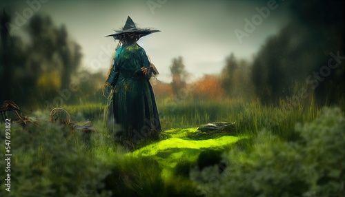 Valokuva illustration of a old witch in the green moorland