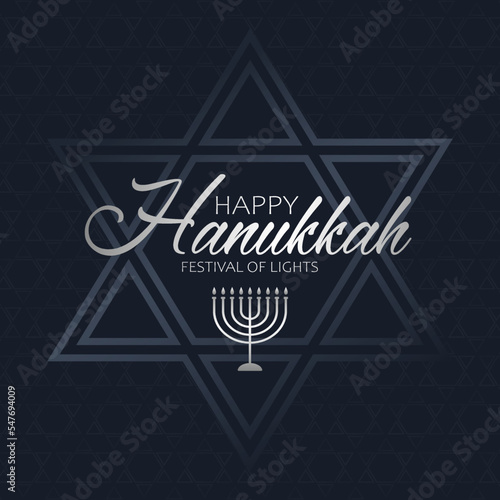 Celebration stylish illustration with silver text Happy Hanukkah, chandelier and star of David for Hanukkah Jewish holiday. Luxury silver design for banner, wallpaper, festive card or poster.