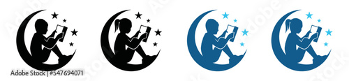 Boy and girl sitting on the moon with stars reading or learning book icon logo design. Students study textbooks or a person reading a book icon in flat and outline style. Education and training symbol
