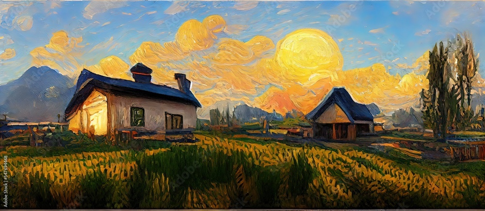 impressionism art, oil painting old house farm as mountain view - obrazy, fototapety, plakaty 