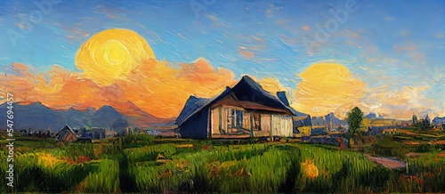 impressionism art, oil painting old house farm as mountain view