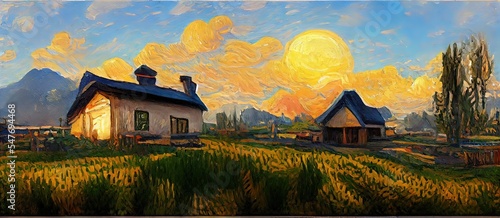 impressionism art, oil painting old house farm as mountain view