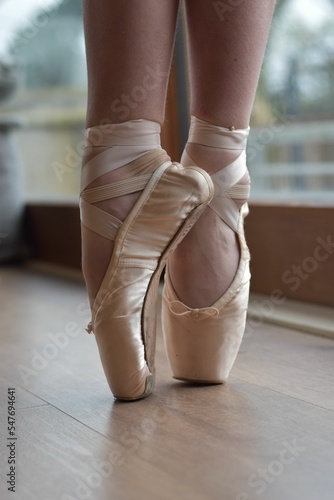 Vertical sot of legs doing a ballet pose with pointe shoes on