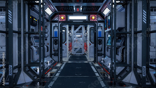 Fototapeta Naklejka Na Ścianę i Meble -  Long corridor in a futuristic space station interior with computer monitors and future tech equipment. 3D illustration.
